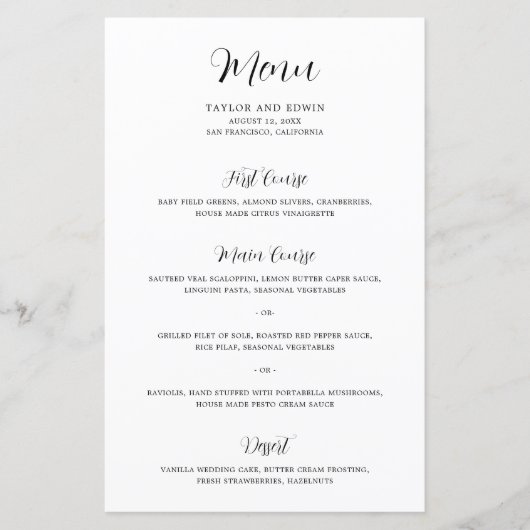 Minimalistische zwart-wit moderne trouwmenu (Voorkant)