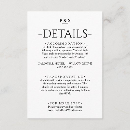 Minimalistische zwart-wit monogram bruiloft detail informatiekaartje (Voorkant)