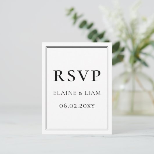 Minimalistische zwart-wit monogram bruiloft rsvp uitnodiging briefkaart (Staand voorkant)