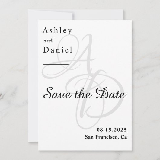 Minimalistische zwart-wit monogram chique bruiloft save the date (Voorkant)