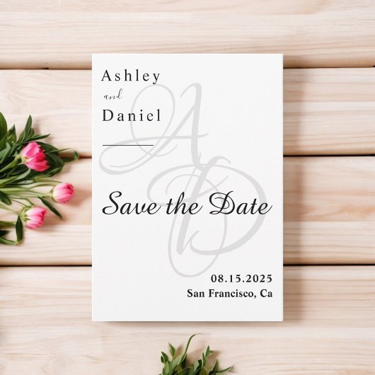 Minimalistische zwart-wit monogram chique bruiloft save the date