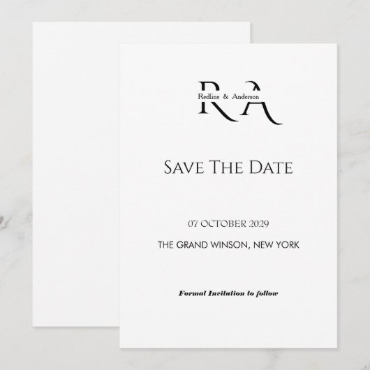 Minimalistische Zwart-Wit Monogram Save the Date Kaart (Voorkant / Achterkant)