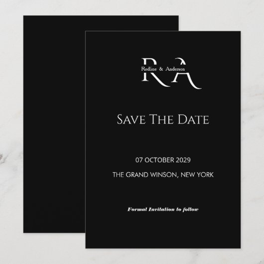 Minimalistische Zwart-Wit Monogram Save the Date Kaart (Voorkant / Achterkant)