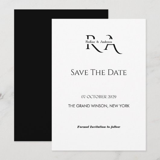 Minimalistische Zwart-Wit Monogram Save the Date Kaart (Voorkant / Achterkant)