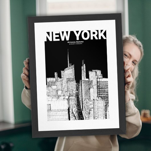 Minimalistische zwart-wit NYC Skyline Travel Sketc Poster