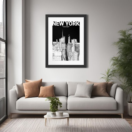 Minimalistische zwart-wit NYC Skyline Travel Sketc Poster