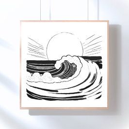 Minimalistische zwart-wit oceaan golven poster
