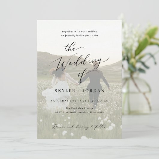 Minimalistische zwart-wit overlay foto bruiloft kaart (Staand voorkant)