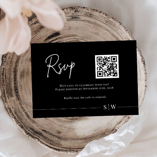 Minimalistische zwart-wit QR code bruiloft RSVP Kaartje