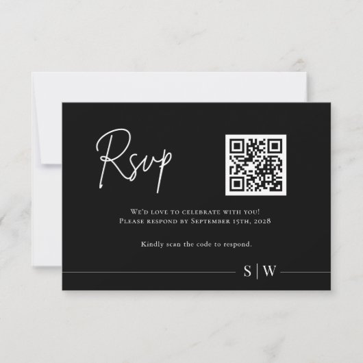Minimalistische zwart-wit QR code bruiloft RSVP Kaartje (Voorkant)