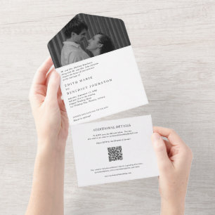 Minimalistische zwart-wit QR Code Fotobruiloft All In One Uitnodiging