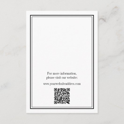 Minimalistische zwart-wit QR-code Trouwinformatie Informatiekaartje (Achterkant)