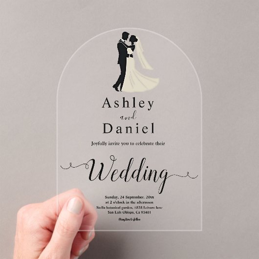 Minimalistische zwart-wit romantische paar bruilof acryl uitnodigingen (Insitu (Draagbaar))