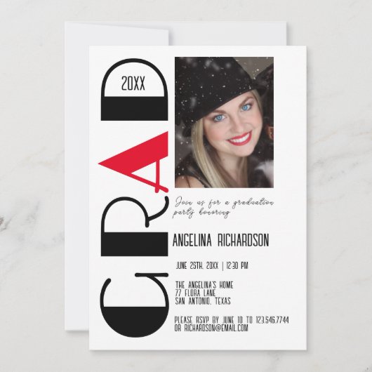 Minimalistische zwart wit rood afstuderen foto aankondiging (Voorkant)