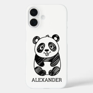 Minimalistische zwart-wit Schattigee panda tekenin iPhone 16 Hoesje