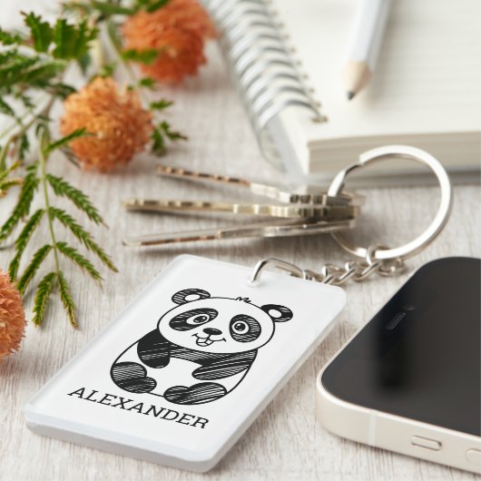 Minimalistische zwart-wit Schattigee panda tekenin Sleutelhanger (Voorkant Rechts)