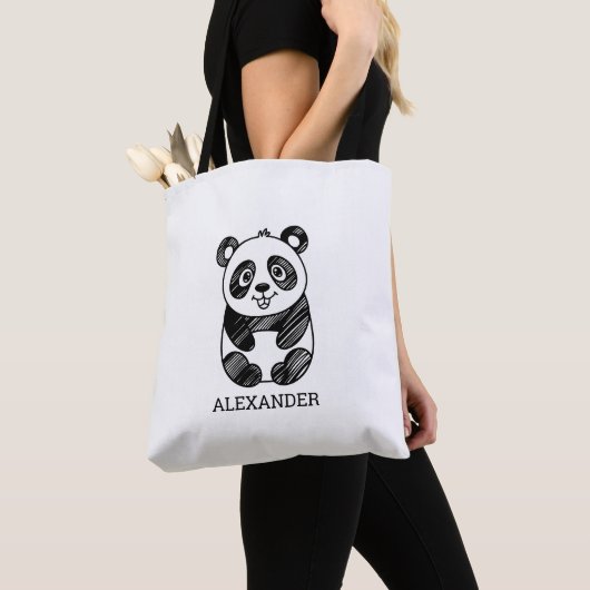 Minimalistische zwart-wit Schattigee panda tekenin Tote Bag (Dichtbij)