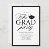 Minimalistische zwart-wit script afstudeerfeest fo kaart (Voorkant)