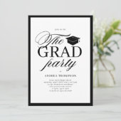 Minimalistische zwart-wit script afstudeerfeest fo kaart (Staand voorkant)