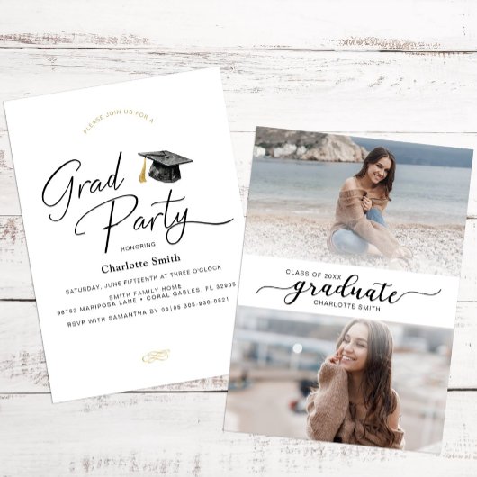 Minimalistische zwart-wit script Afstuderen foto Kaart