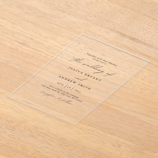 Minimalistische zwart-wit script bruiloft acryl uitnodigingen (Laagn)