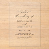 Minimalistische zwart-wit script bruiloft acryl uitnodigingen (Voorkant)