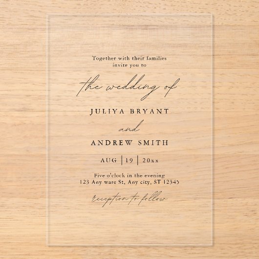 Minimalistische zwart-wit script bruiloft acryl uitnodigingen (Voorkant)