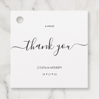 Minimalistische zwart-wit script bruiloft bedankjes labels