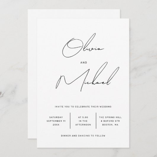 Minimalistische zwart-wit script bruiloft + QR Kaart (Voorkant / Achterkant)