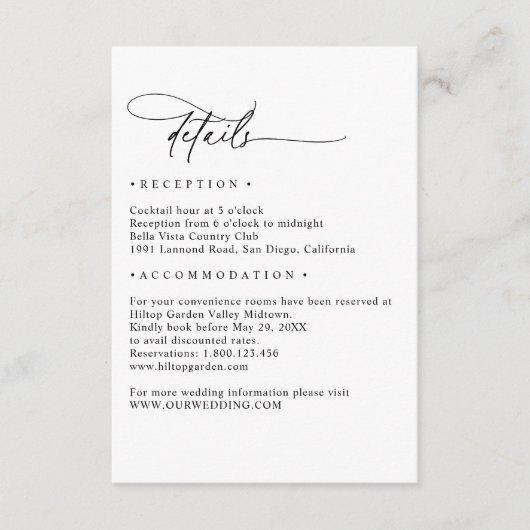Minimalistische zwart-wit script details bruiloft informatiekaartje (Voorkant)