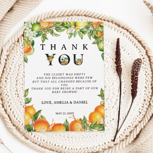 Minimalistische zwart wit Sinaasappel citrus Bedankkaart