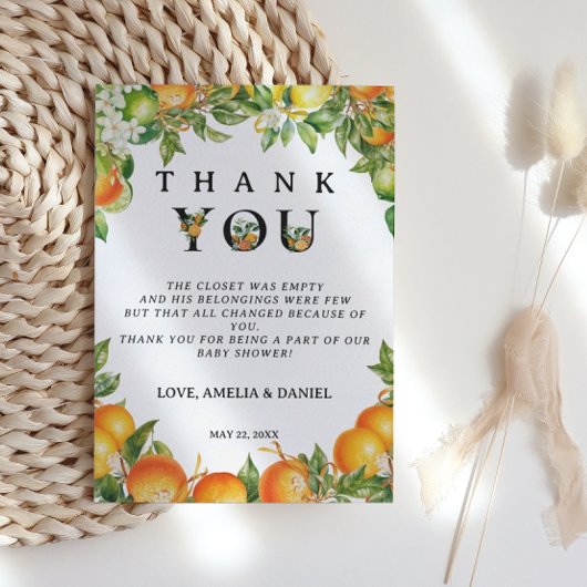 Minimalistische zwart wit Sinaasappel citrus Bedankkaart