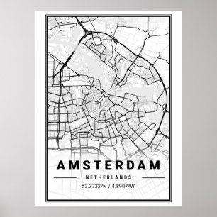 Minimalistische zwart-wit stadkaart van Amsterdam Poster