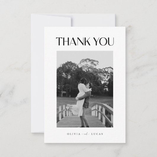 Minimalistische zwart-wit trouwfoto bedankkaart (Voorkant)