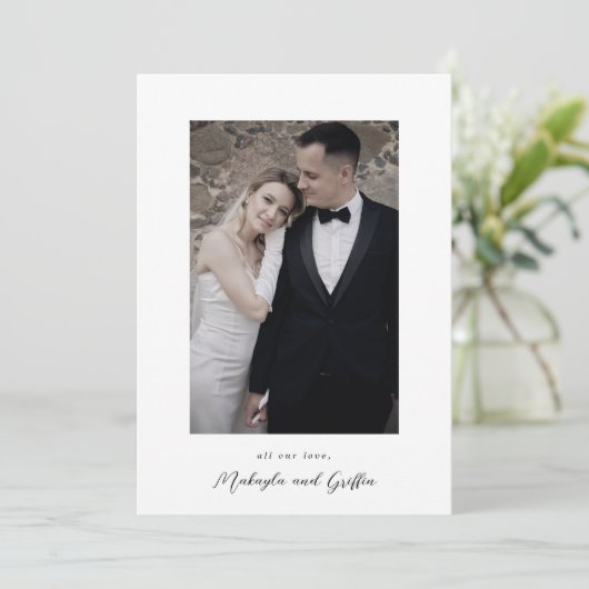 Minimalistische zwart-wit trouwfoto dank u bedankkaart (Staand voorkant)