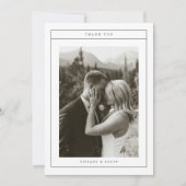 Minimalistische zwart-wit trouwfoto-script bedankkaart (Voorkant)