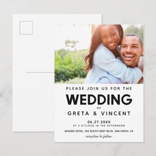 Minimalistische zwart-wit trouwfoto Uitnodiging (Voorkant / Achterkant)