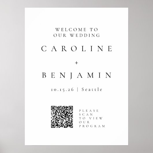 Minimalistische Zwart-Wit Trouwprogramma QR-code Poster (Voorkant)