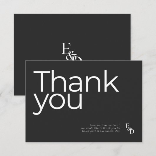 Minimalistische zwart-wit typografie bruiloft bedankkaart (Voorkant / Achterkant)