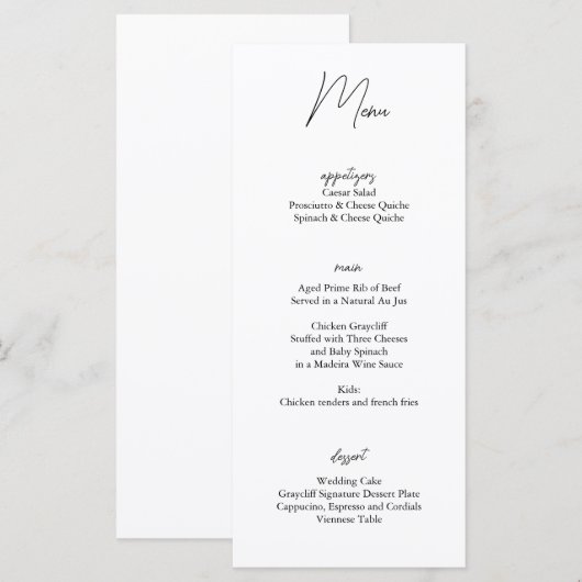 Minimalistische Zwart Wit Wedding Menu Kaart (Voorkant / Achterkant)