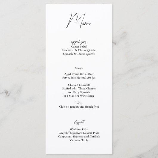 Minimalistische Zwart Wit Wedding Menu Kaart (Voorkant)