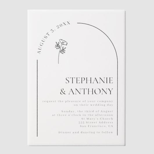 Minimalistische zwart-witte boog Wildflower bruilo Vellum Uitnodigingen (Voorkant)