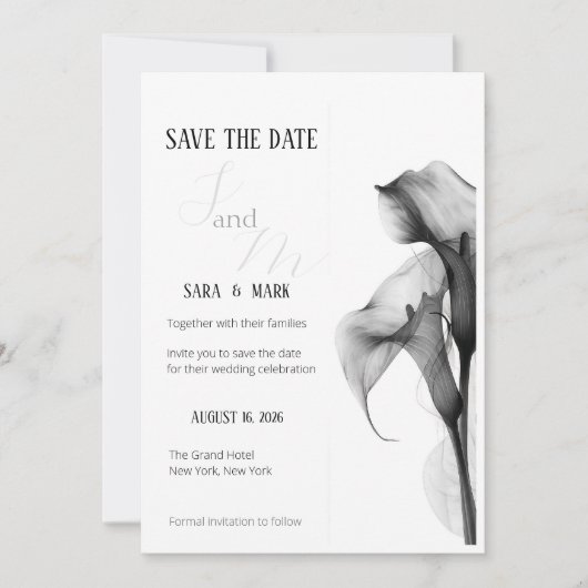 Minimalistische Zwart & Witte Calla Lelie Save the Date (Voorkant)