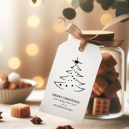 Minimalistische zwart-witte kerstboom cadeaulabel