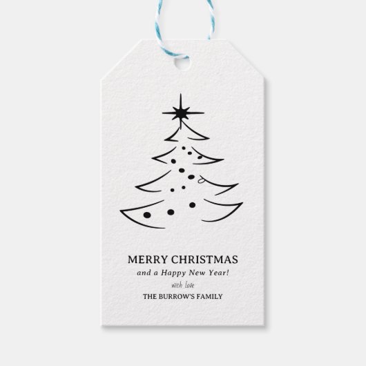 Minimalistische zwart-witte kerstboom cadeaulabel (Voorkant)