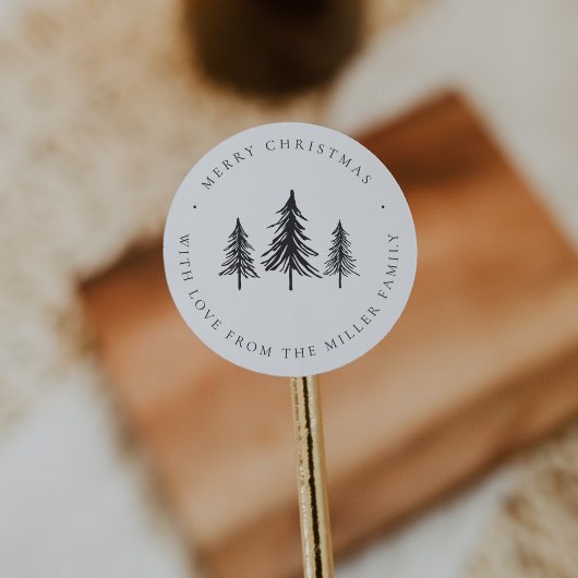 Minimalistische zwart-witte kerstdennenboom ronde sticker