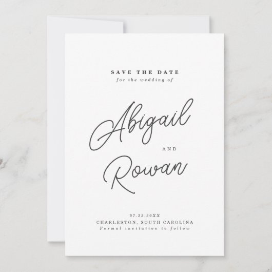 Minimalistische Zwart Witte Script Save the Date K Kaart (Voorkant)