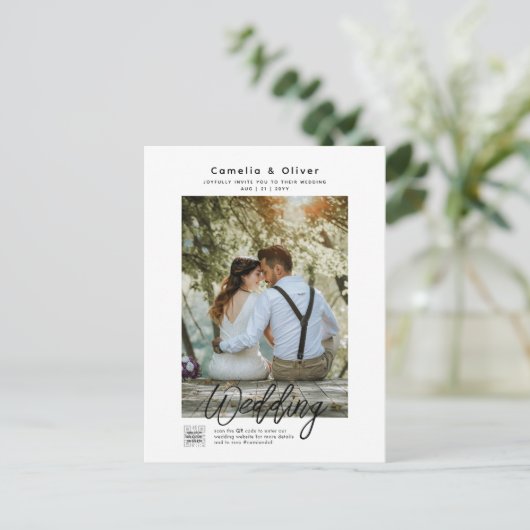 MINIMALISTISCHE ZWART WITTE TROUW FOTO QR CODE In Briefkaart (Staand voorkant)