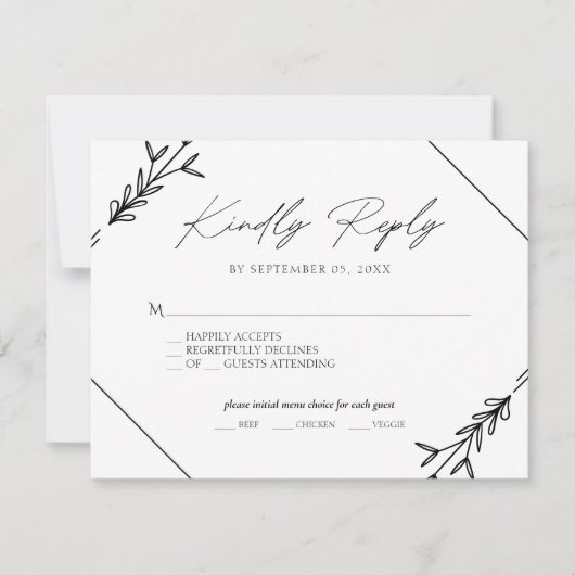 Minimalistische Zwart Witte Trouwmenu Keuze RSV RSVP Kaartje (Voorkant)