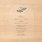 Minimalistische zwart witte vlinder monogram bruil acryl uitnodigingen (Voorkant)